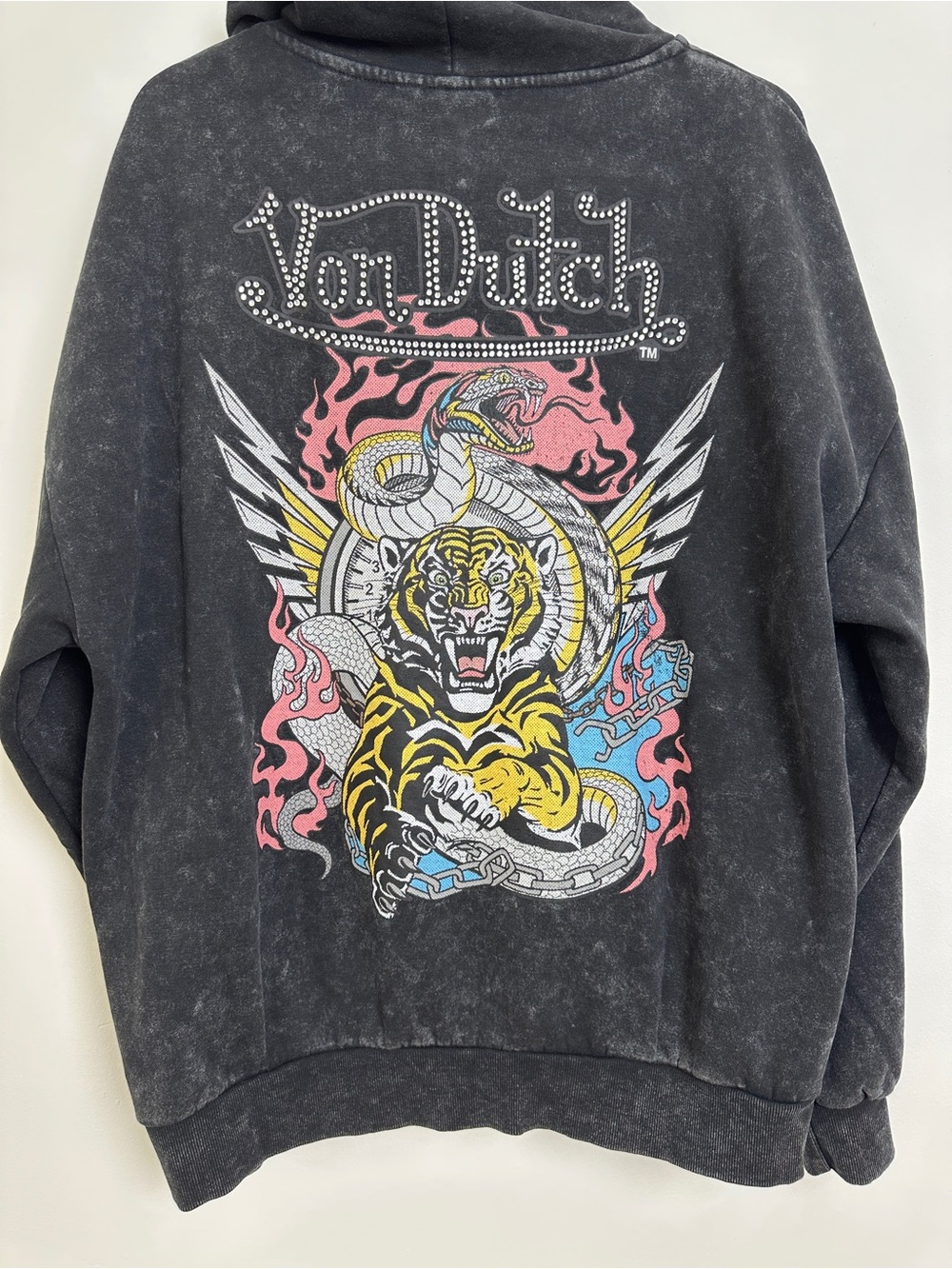 NWT Von Dutch Mens XL Rhinestone Tiger Snake Graphic Acid Wash Zip Hoodie Black